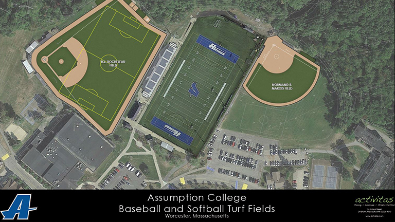 Plans for turf baseball and softball fields at Assumption College in Worcester, Massachusetts.